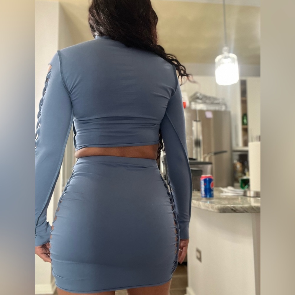 Fashion Nova Kara Cut Out Denim Blue Long Sleeve Mini Skirt Set - Picture 13 of 16